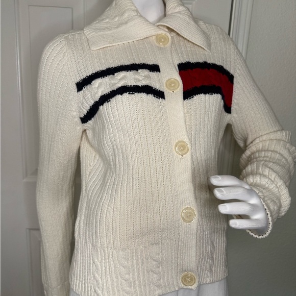 Tommy Hilfiger 90's White Blue and Red Classic Cable Knit Cardigan Size Large - Picture 4 of 14
